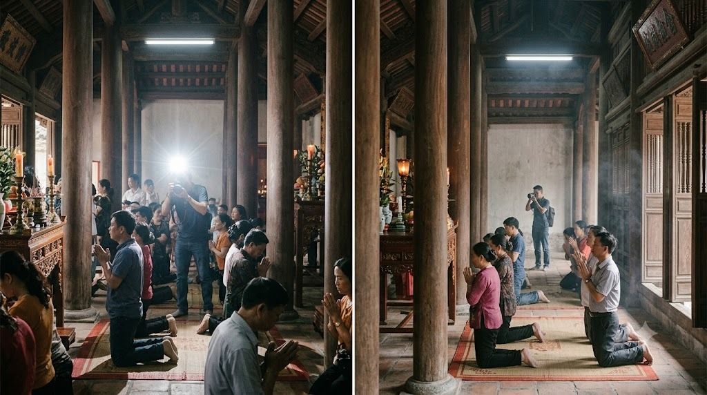 So sánh chụp có flash và tắt flash trong không gian thờ tự
