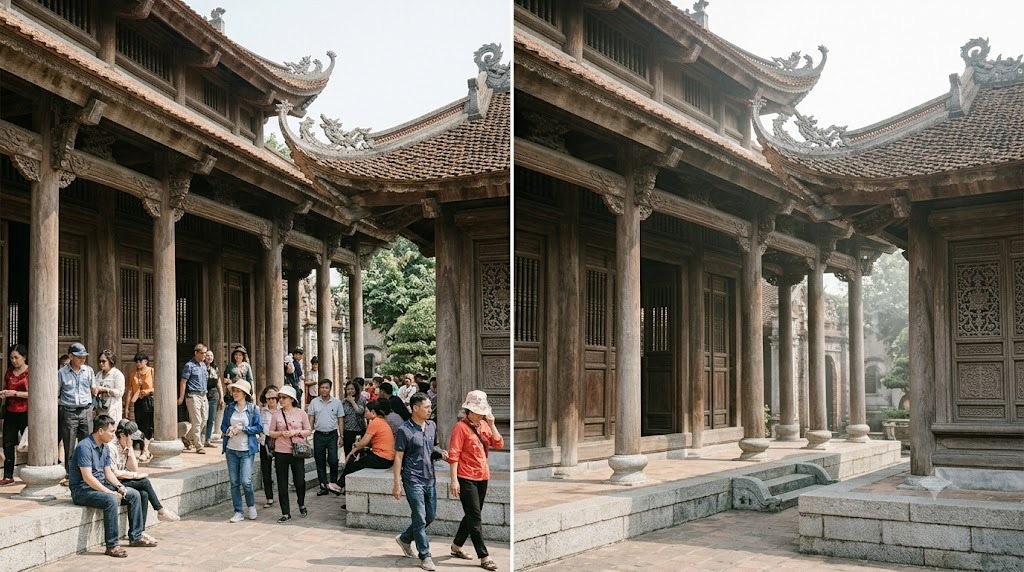 So sánh công trình đông người và khung hình sạch vào sáng sớm