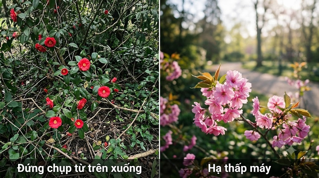 So sánh đứng chụp từ trên xuống và hạ thấp máy, hình một
