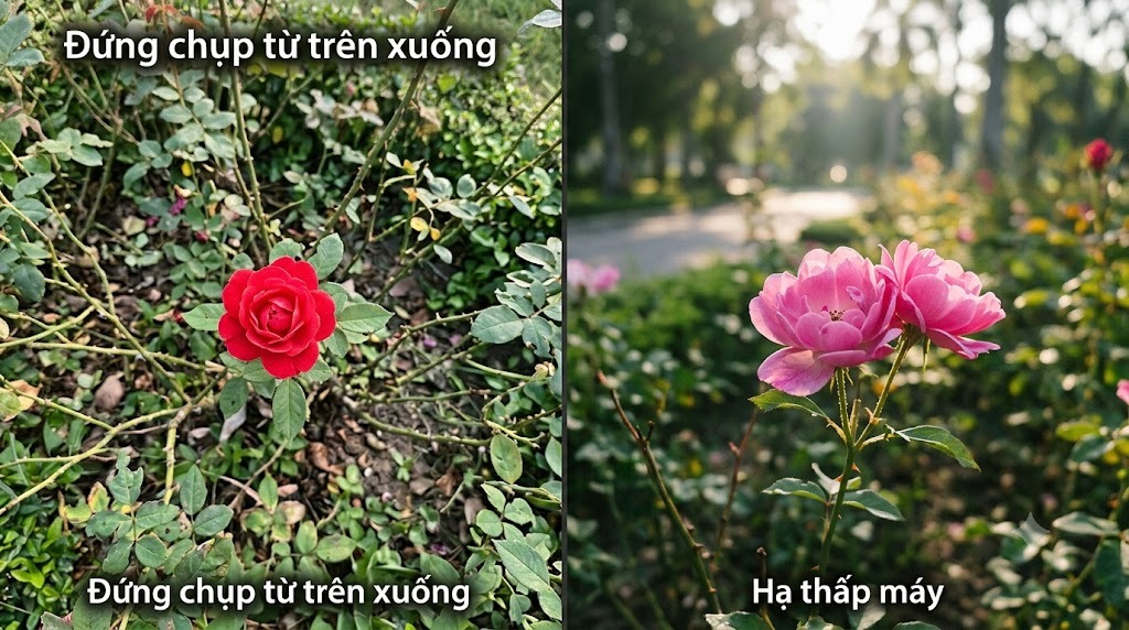 So sánh đứng chụp từ trên xuống và hạ thấp máy, hình hai