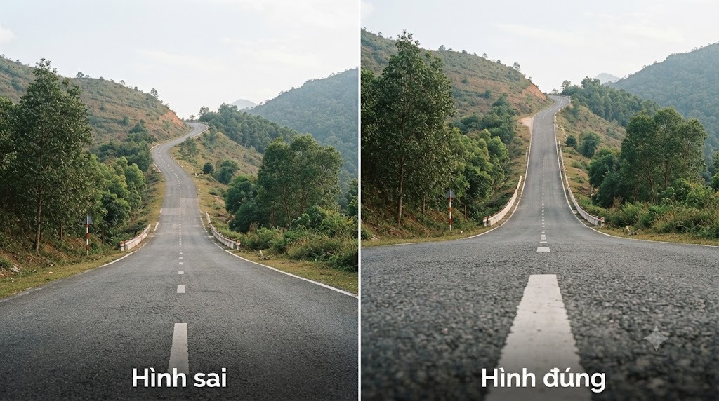 So sánh chụp con dốc từ vị trí cao bị phẳng ở bên trái và đứng thấp gần mặt đường để con dốc trông cao hơn ở bên phải