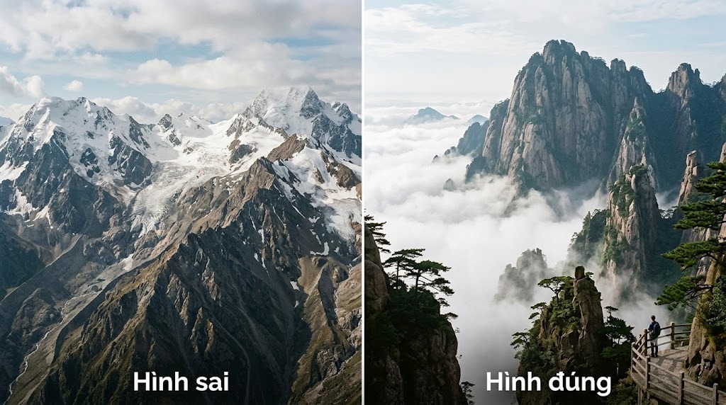 So sánh ảnh núi không có người và có người làm mốc tỉ lệ