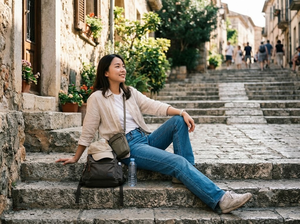 Ngồi tự nhiên trên bậc thang đá