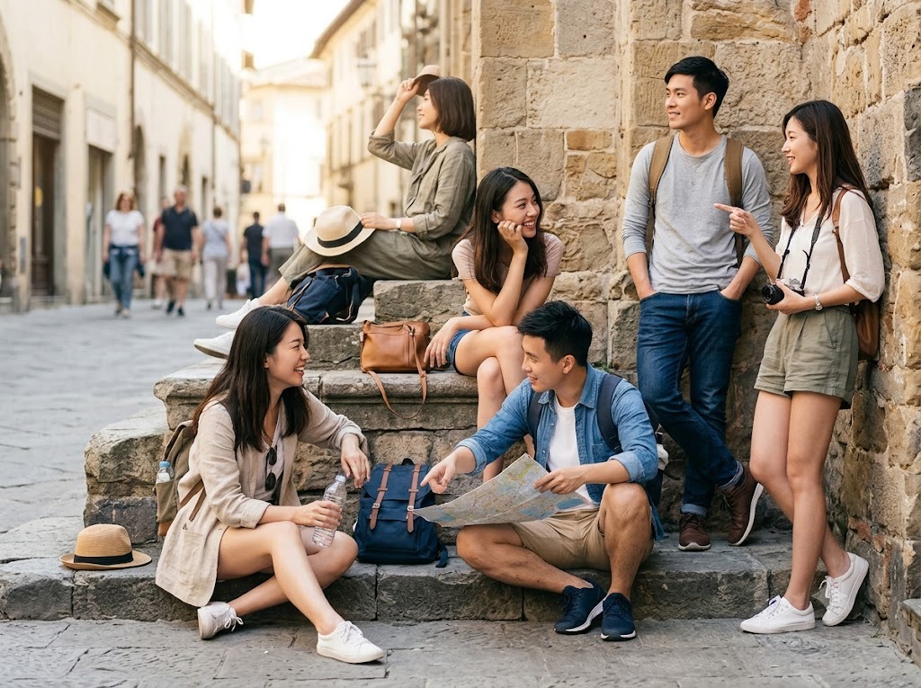 Nhóm ngồi/đứng so le trên bậc thang, không ai thẳng hàng