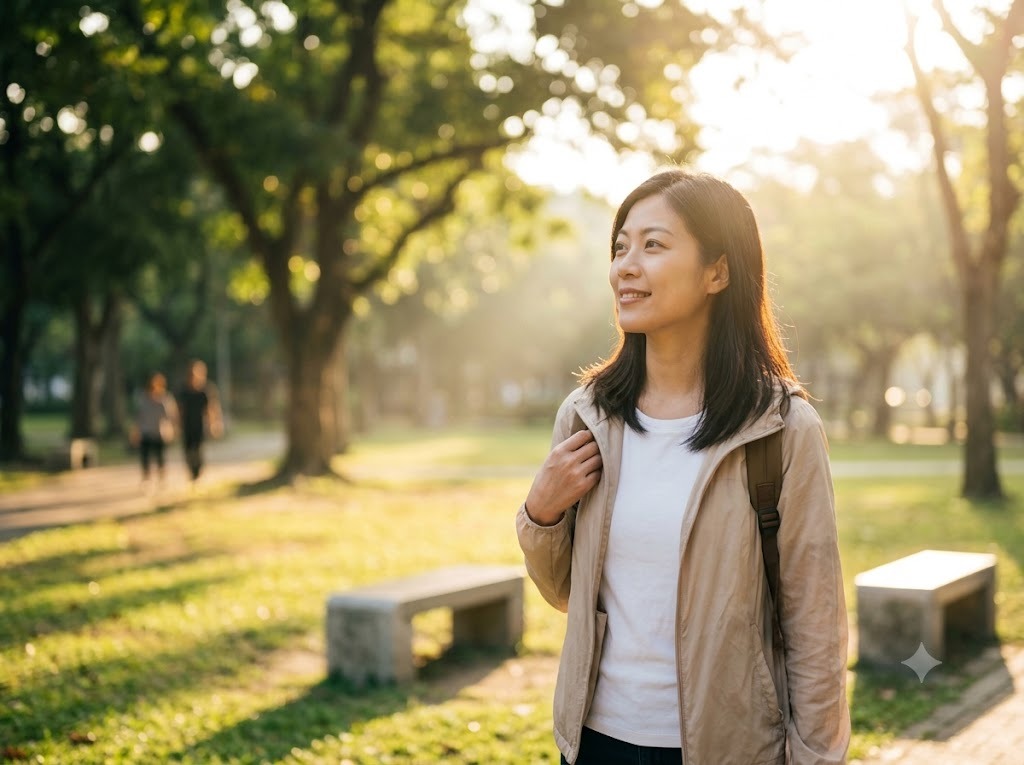 Nhìn về phía nguồn sáng dịu trong công viên
