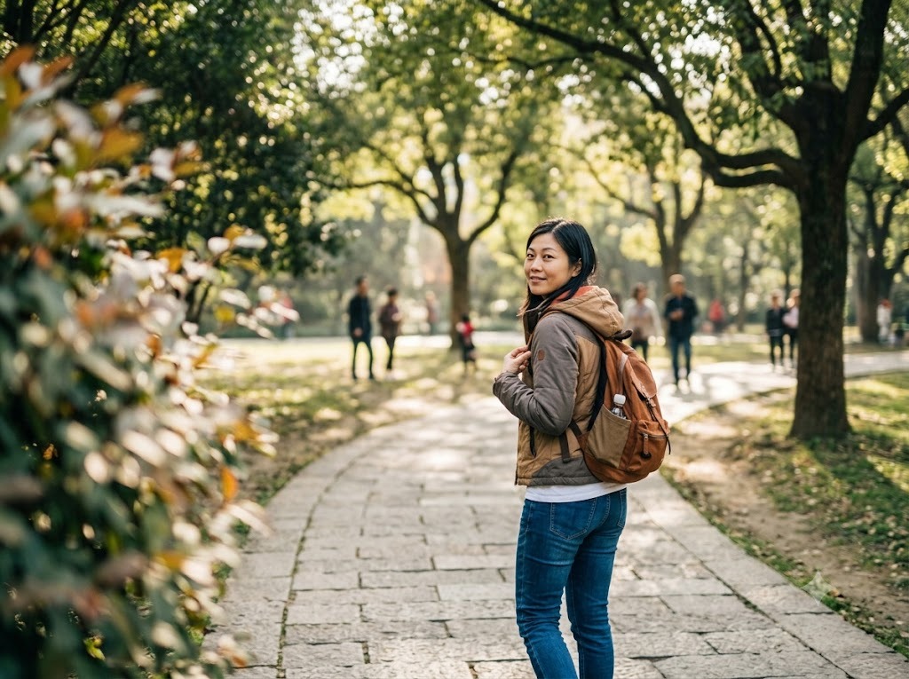 Quay lưng rồi nhìn qua vai trong công viên