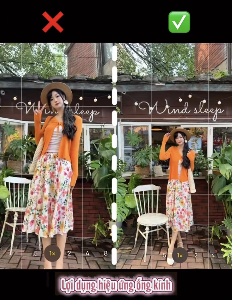 So sánh đứng thẳng và tạo dáng tự nhiên trước cửa quán